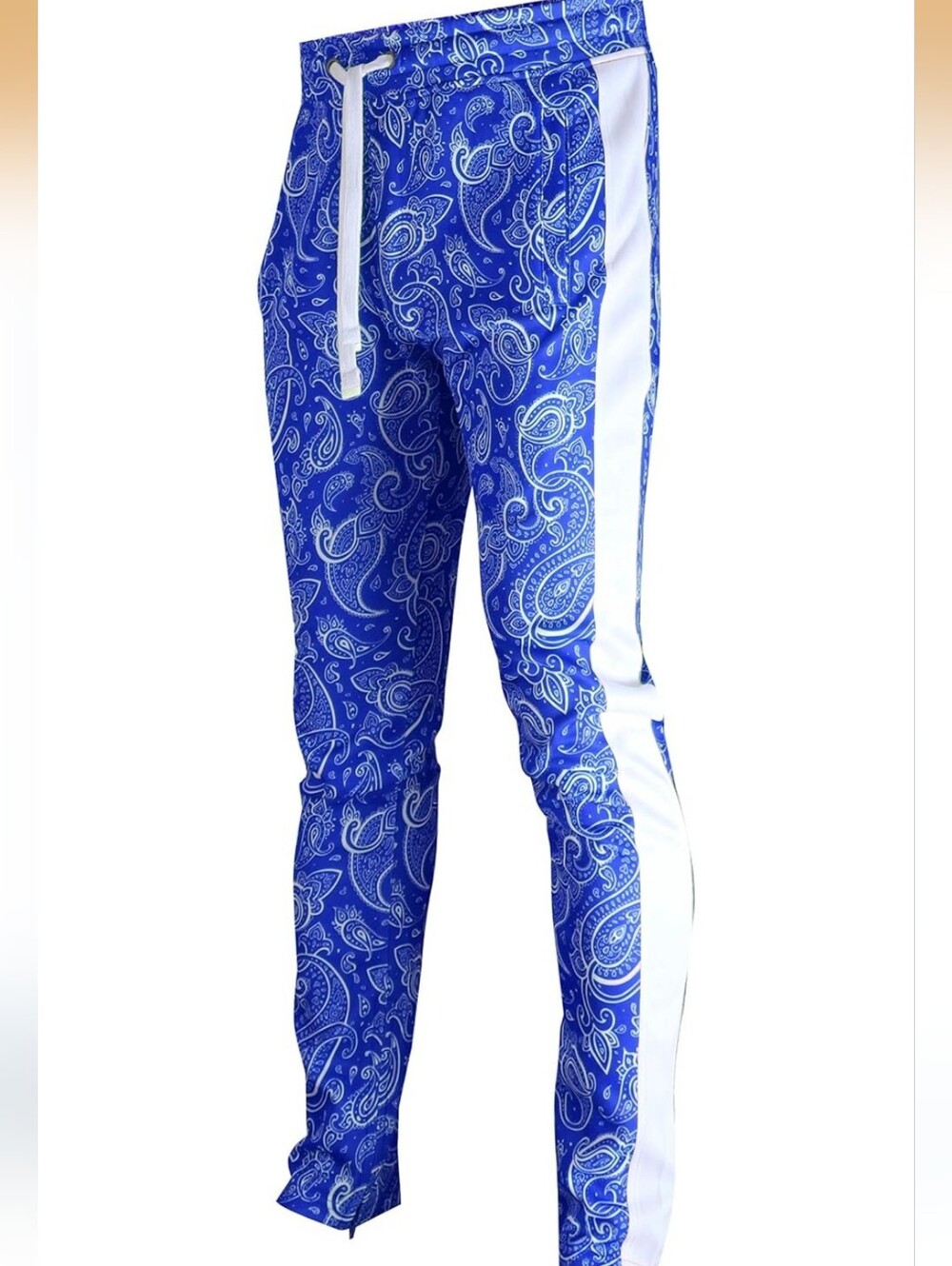 Screenshot Blue Paisley Mens Track Pants with White Side Stripe Slim Fit 3XL NWT
